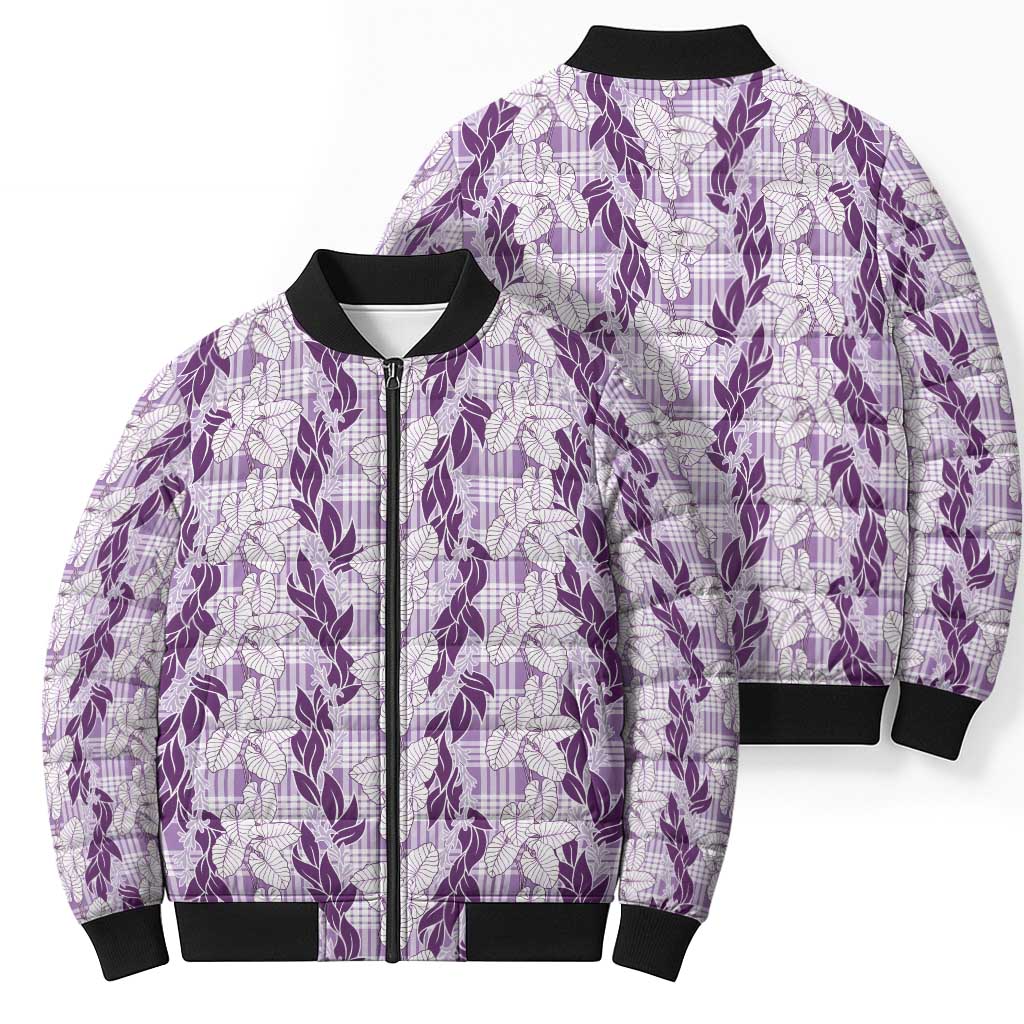 Hawaii Ti Leaf Maile Tuberose Lei Bomber Puffer Jacket With Hanalei Leaf Purple LT05 - Polynesian Pride