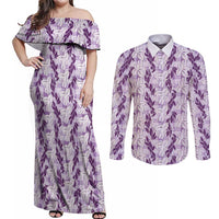 Hawaii Ti Leaf Maile Tuberose Lei Couples Matching Off Shoulder Maxi Dress and Long Sleeve Button Shirt With Hanalei Leaf Purple LT05 Purple - Polynesian Pride