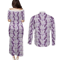 Hawaii Ti Leaf Maile Tuberose Lei Couples Matching Puletasi and Long Sleeve Button Shirt With Hanalei Leaf Purple LT05 - Polynesian Pride