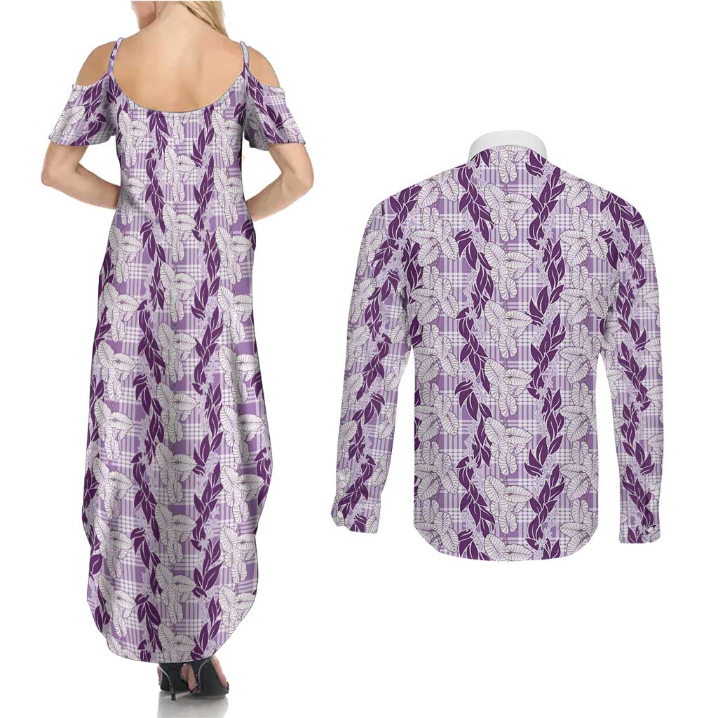 Hawaii Ti Leaf Maile Tuberose Lei Couples Matching Summer Maxi Dress and Long Sleeve Button Shirt With Hanalei Leaf Purple LT05 - Polynesian Pride