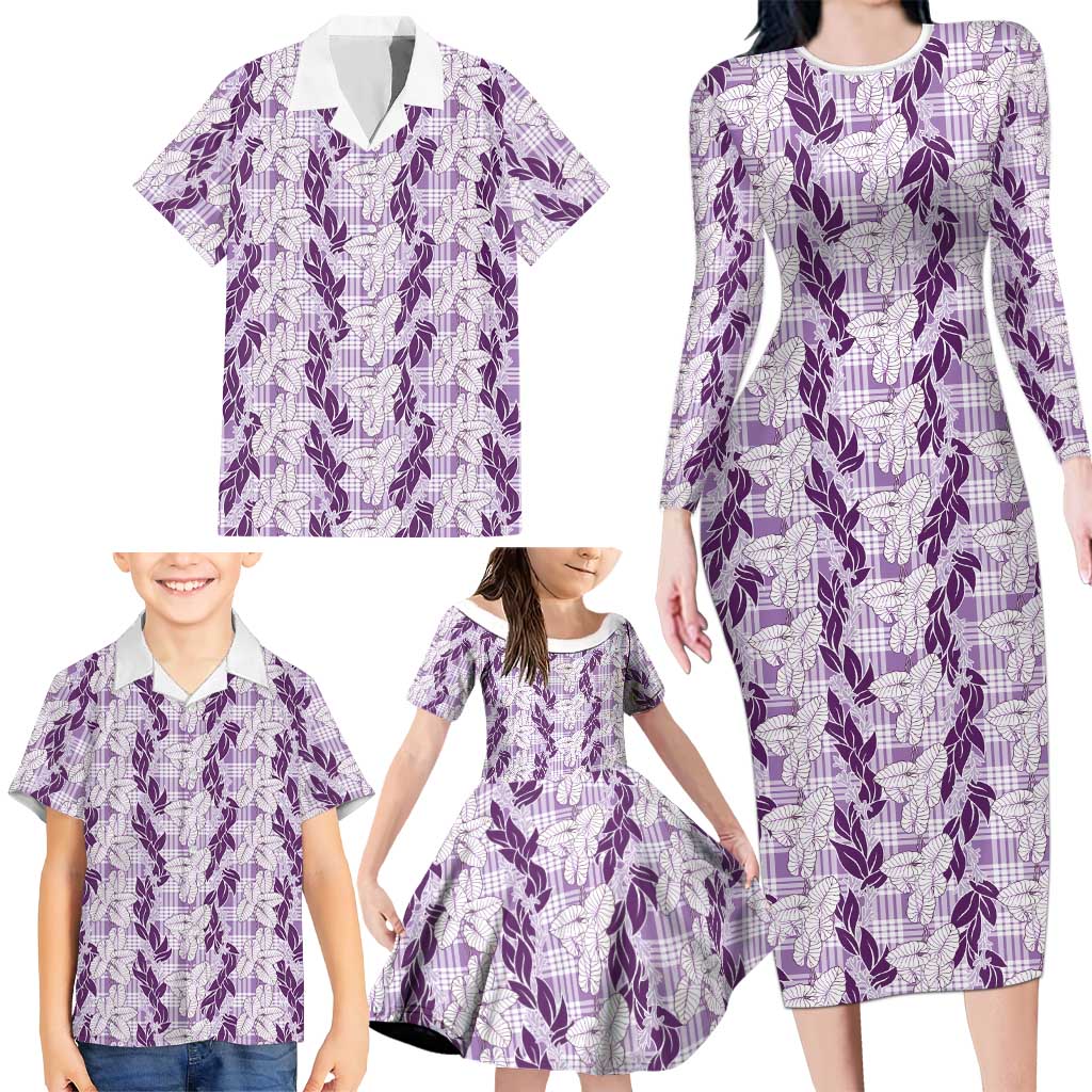 Hawaii Ti Leaf Maile Tuberose Lei Family Matching Long Sleeve Bodycon Dress and Hawaiian Shirt With Hanalei Leaf Purple