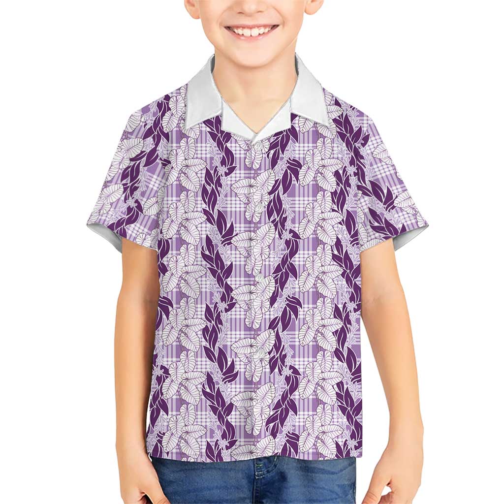 Hawaii Ti Leaf Maile Tuberose Lei Family Matching Off Shoulder Short Dress and Hawaiian Shirt With Hanalei Leaf Purple LT05 Son's Shirt Purple - Polynesian Pride