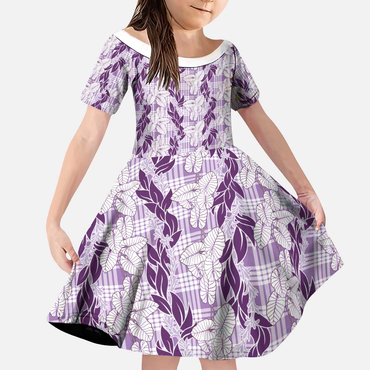 Hawaii Ti Leaf Maile Tuberose Lei Kid Short Sleeve Dress With Hanalei Leaf Purple LT05 KID Purple - Polynesian Pride