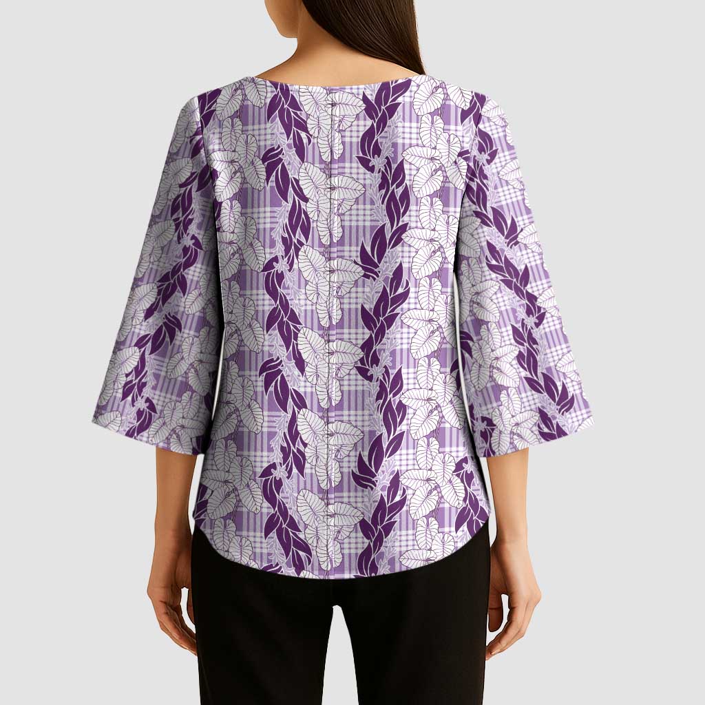 Hawaii Ti Leaf Maile Tuberose Lei Kimono Sleeve Blouse With Hanalei Leaf Purple LT05 - Polynesian Pride