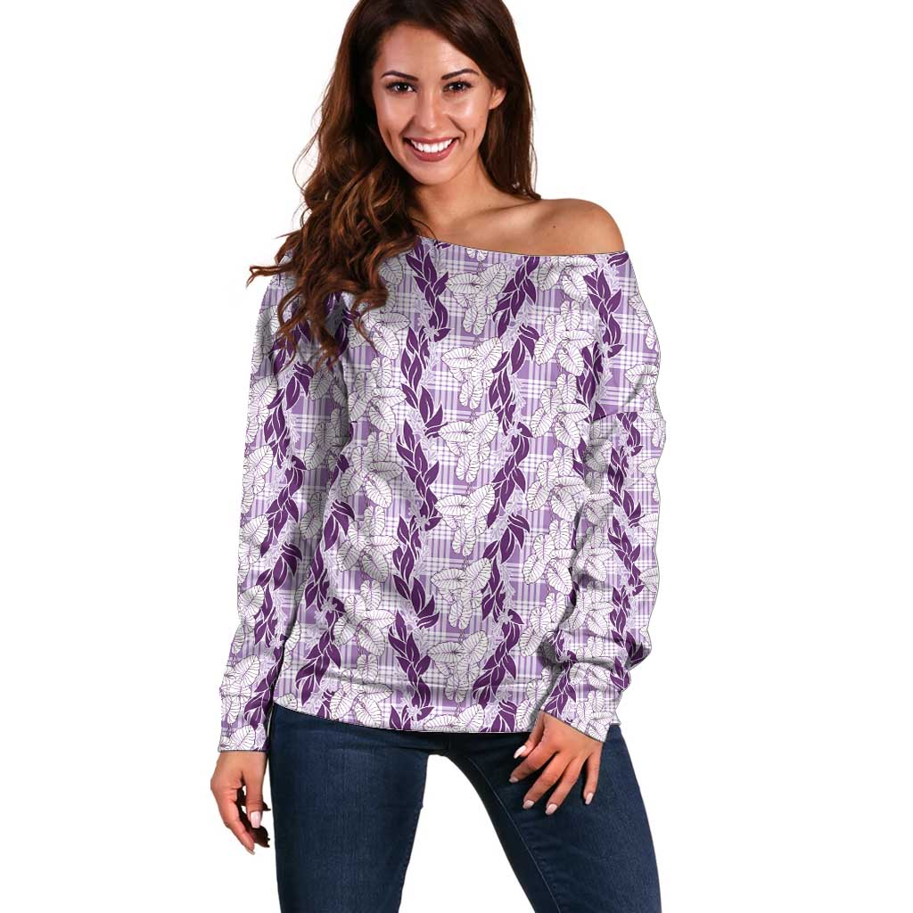 Hawaii Ti Leaf Maile Tuberose Lei Off Shoulder Sweater With Hanalei Leaf Purple LT05 Women Purple - Polynesian Pride