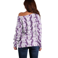 Hawaii Ti Leaf Maile Tuberose Lei Off Shoulder Sweater With Hanalei Leaf Purple LT05 - Polynesian Pride