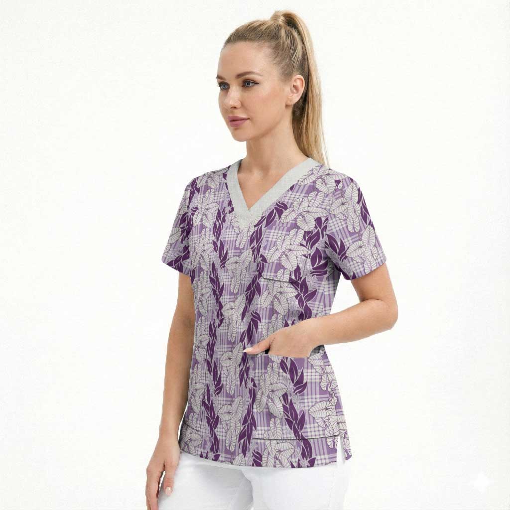 Hawaii Ti Leaf Maile Tuberose Lei Scrub Top With Hanalei Leaf Purple LT05 - Polynesian Pride