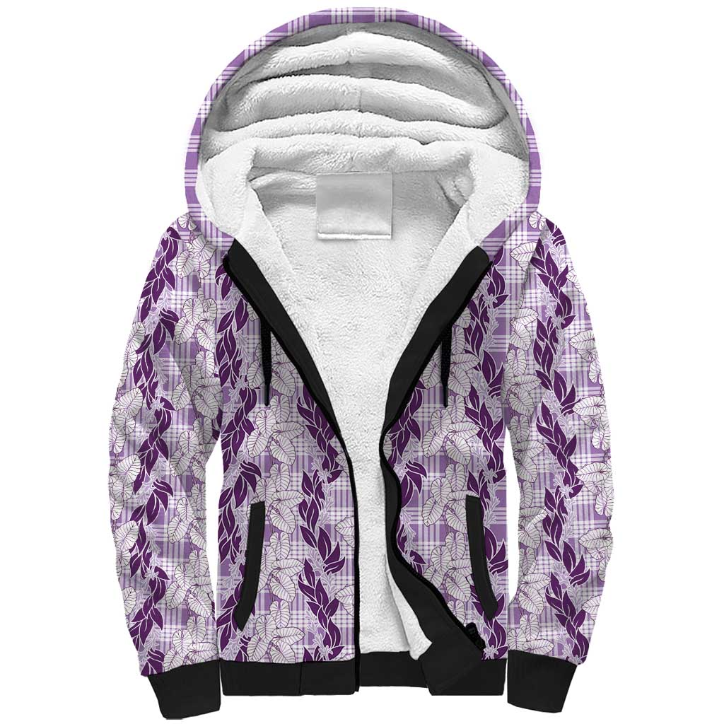 Hawaii Ti Leaf Maile Tuberose Lei Sherpa Hoodie With Hanalei Leaf Purple