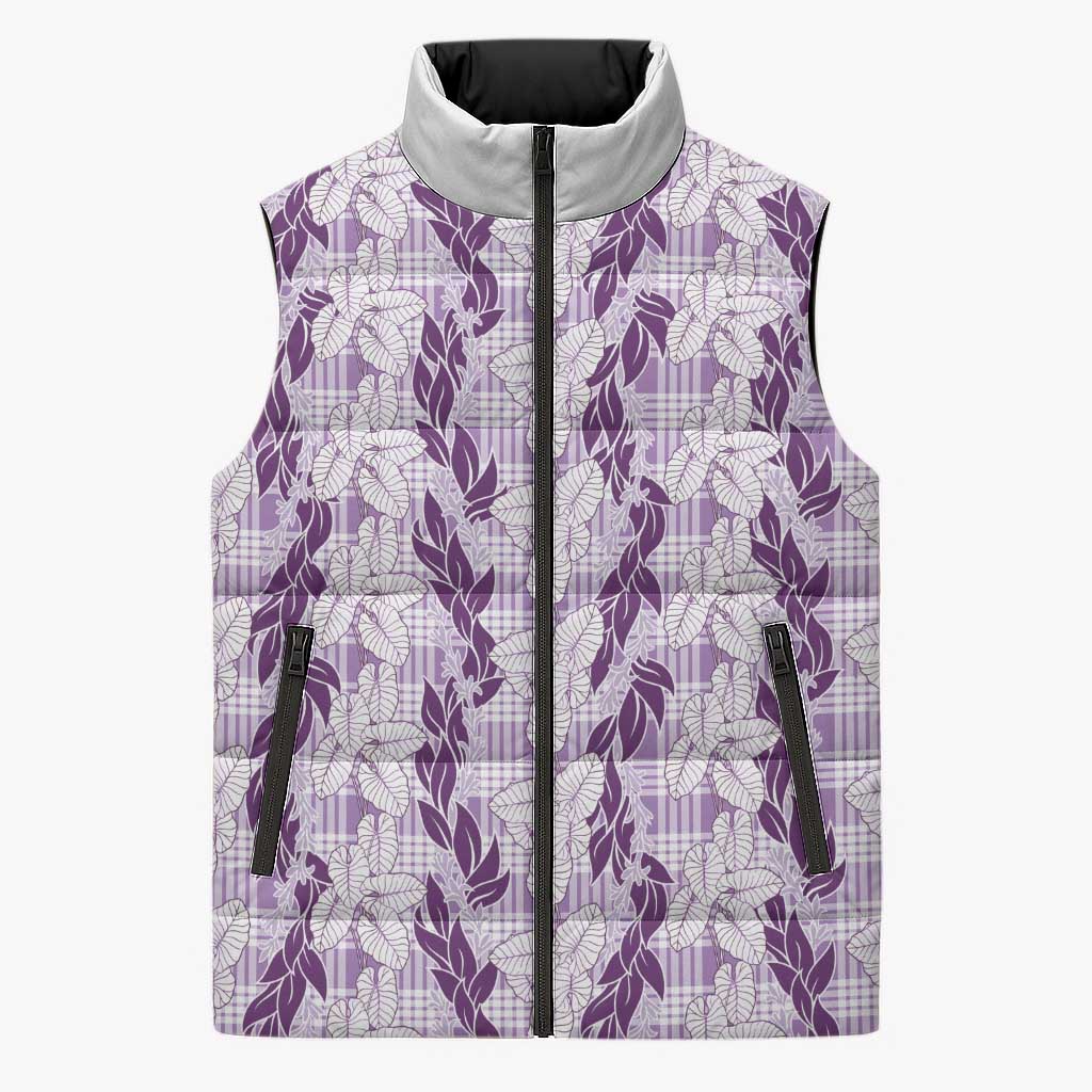 Hawaii Ti Leaf Maile Tuberose Lei Sleeveless Puffer Jacket With Hanalei Leaf Purple LT05 Unisex Purple - Polynesian Pride