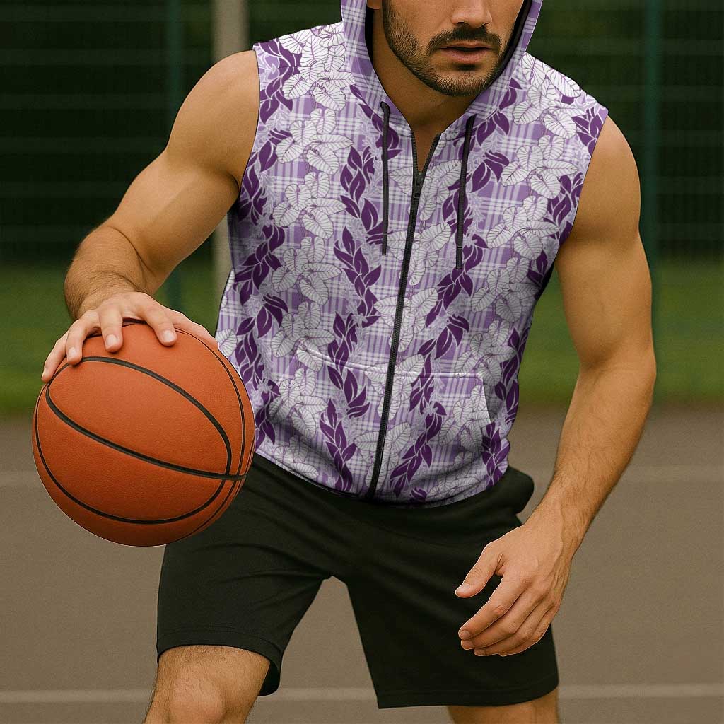 Hawaii Ti Leaf Maile Tuberose Lei Sleeveless Zip Hoodie With Hanalei Leaf Purple LT05 - Polynesian Pride