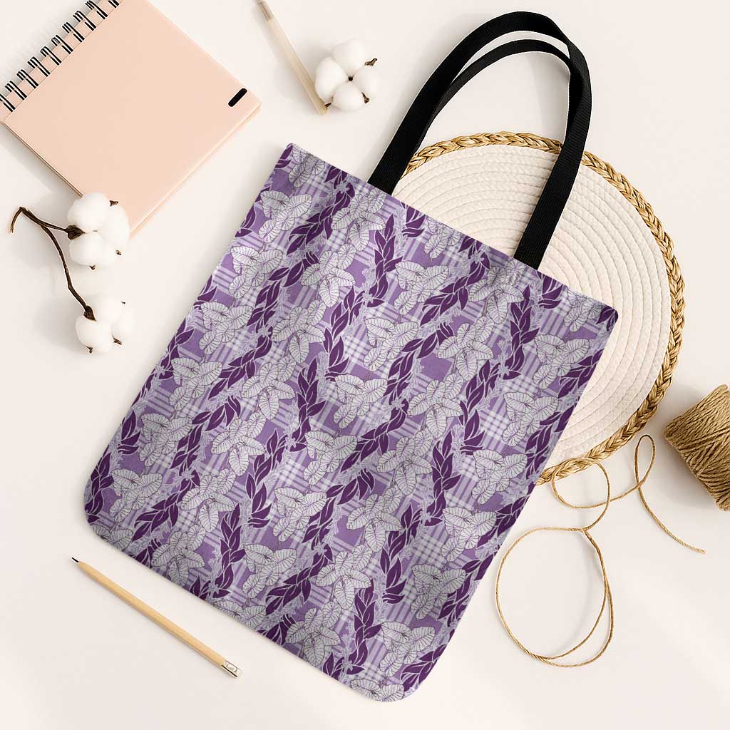 Hawaii Ti Leaf Maile Tuberose Lei Tote Bag With Hanalei Leaf Purple LT05 Black Strap One Size Purple - Polynesian Pride