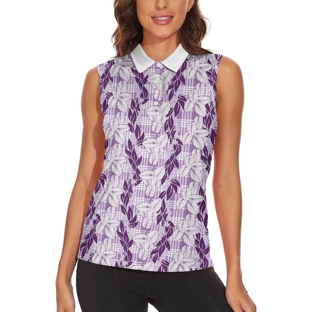 Hawaii Ti Leaf Maile Tuberose Lei Women Sleeveless Polo Shirt With Hanalei Leaf Purple LT05 - Polynesian Pride