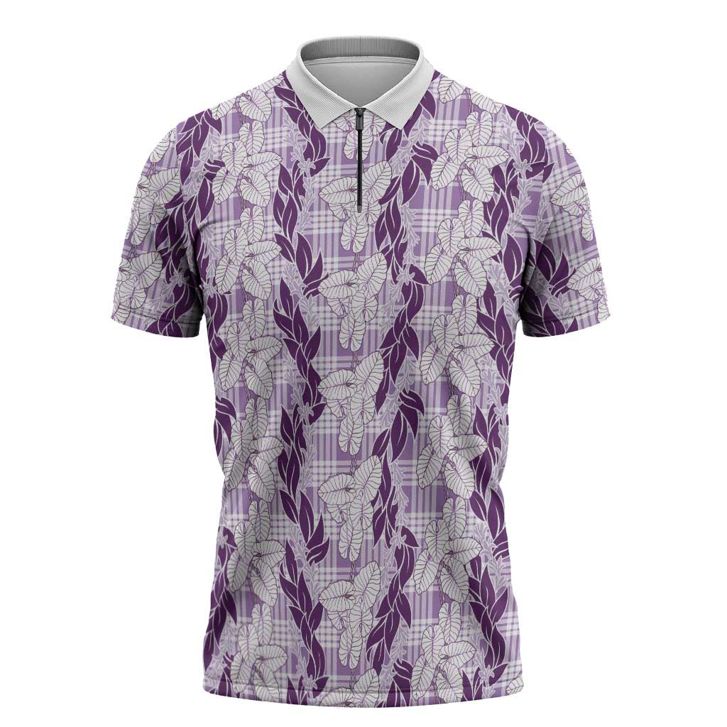Hawaii Ti Leaf Maile Tuberose Lei Zipper Polo Shirt With Hanalei Leaf Purple
