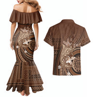 Samoa Tatau Marlin Couples Matching Mermaid Dress and Hawaiian Shirt With Siapo Motifs Brown