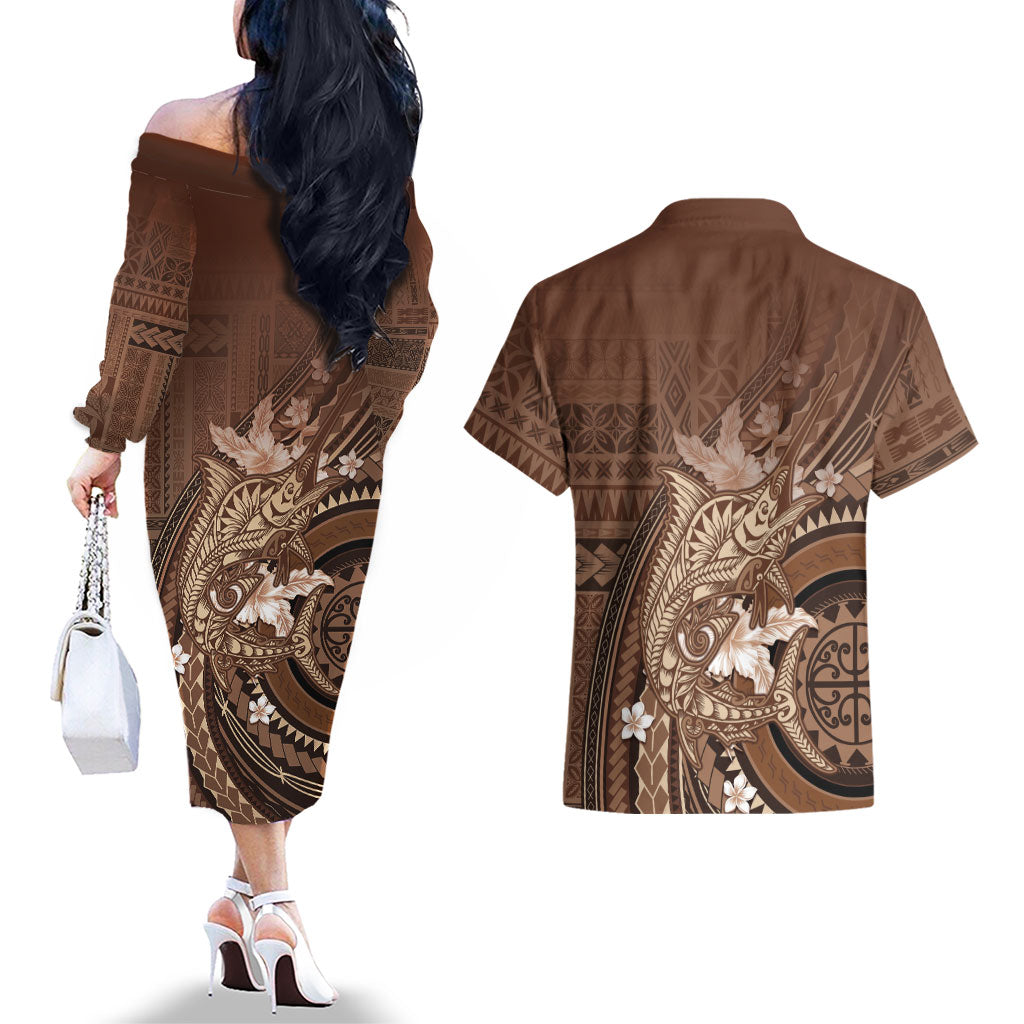 Samoa Tatau Marlin Couples Matching Off The Shoulder Long Sleeve Dress and Hawaiian Shirt With Siapo Motifs Brown