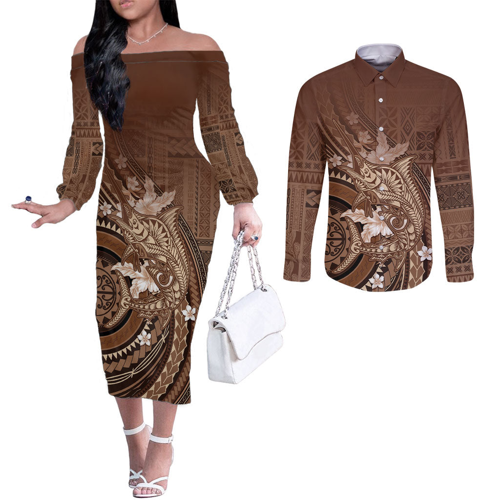 Samoa Tatau Marlin Couples Matching Off The Shoulder Long Sleeve Dress and Long Sleeve Button Shirt With Siapo Motifs Brown