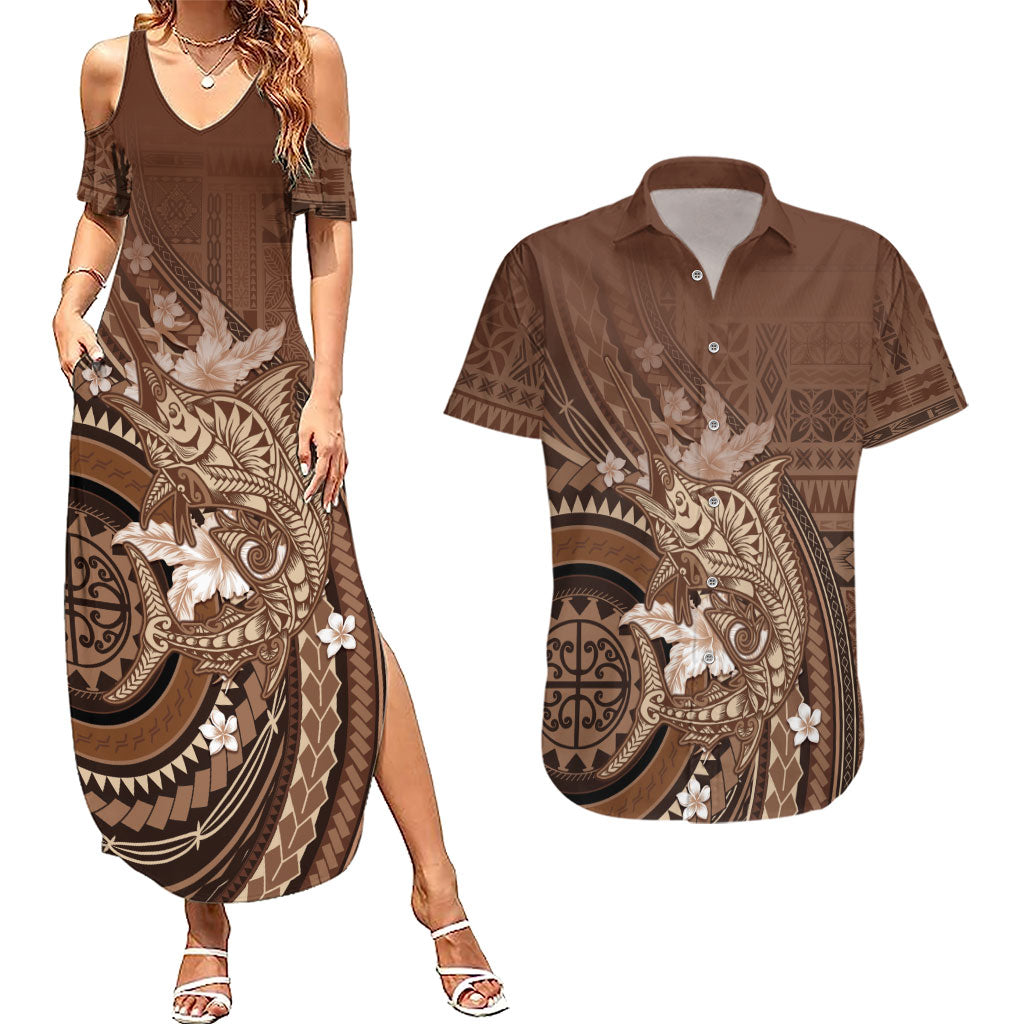 Samoa Tatau Marlin Couples Matching Summer Maxi Dress and Hawaiian Shirt With Siapo Motifs Brown