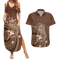 Samoa Tatau Marlin Couples Matching Summer Maxi Dress and Hawaiian Shirt With Siapo Motifs Brown