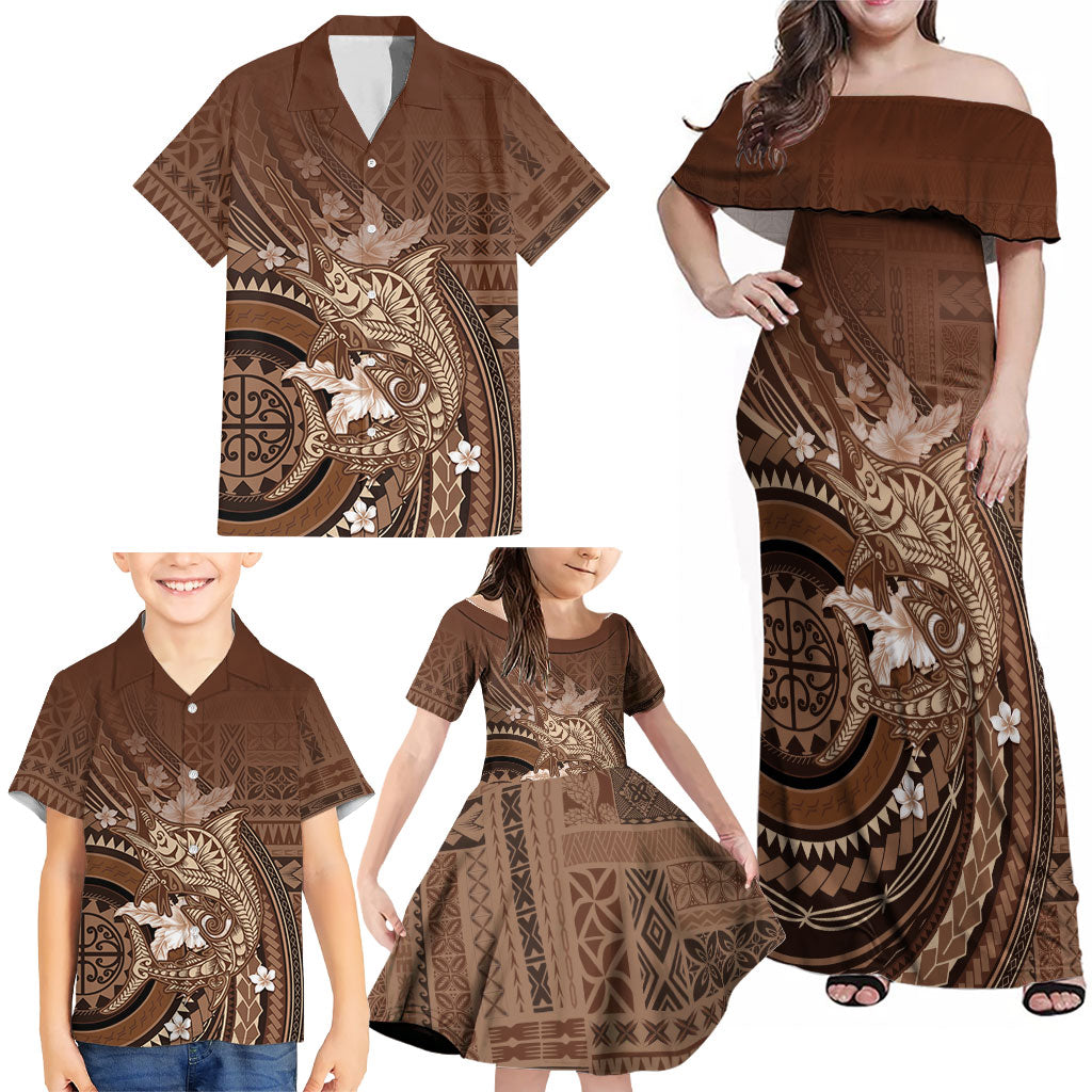 Samoa Tatau Marlin Family Matching Off Shoulder Maxi Dress and Hawaiian Shirt With Siapo Motifs Brown