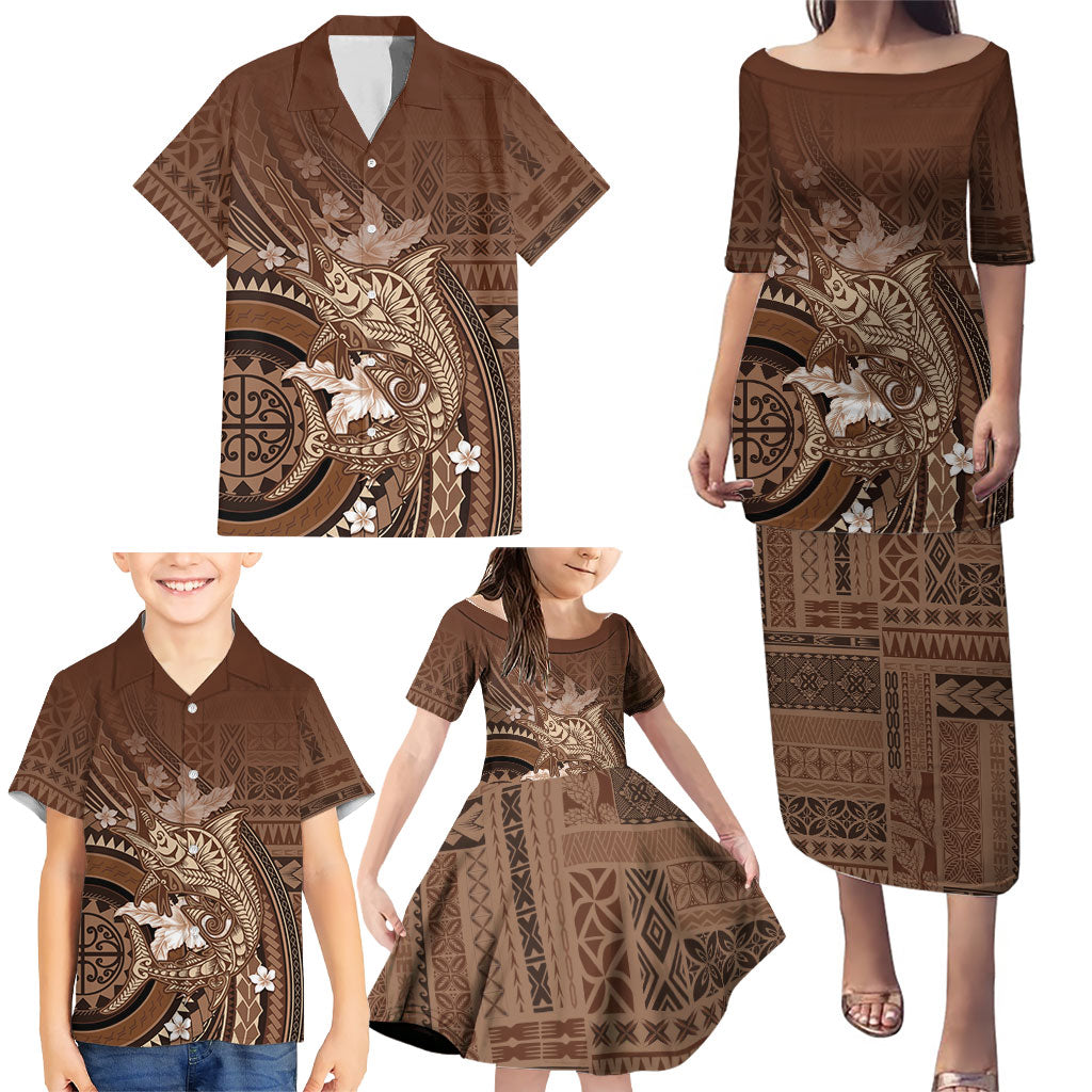 Samoa Tatau Marlin Family Matching Puletasi and Hawaiian Shirt With Siapo Motifs Brown