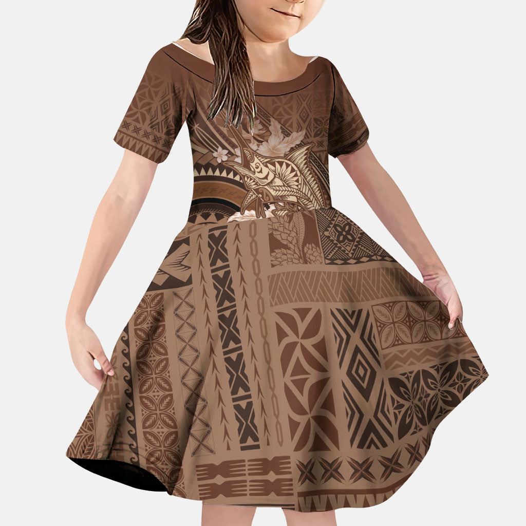 Samoa Tatau Marlin Family Matching Tank Maxi Dress and Hawaiian Shirt With Siapo Motifs Brown