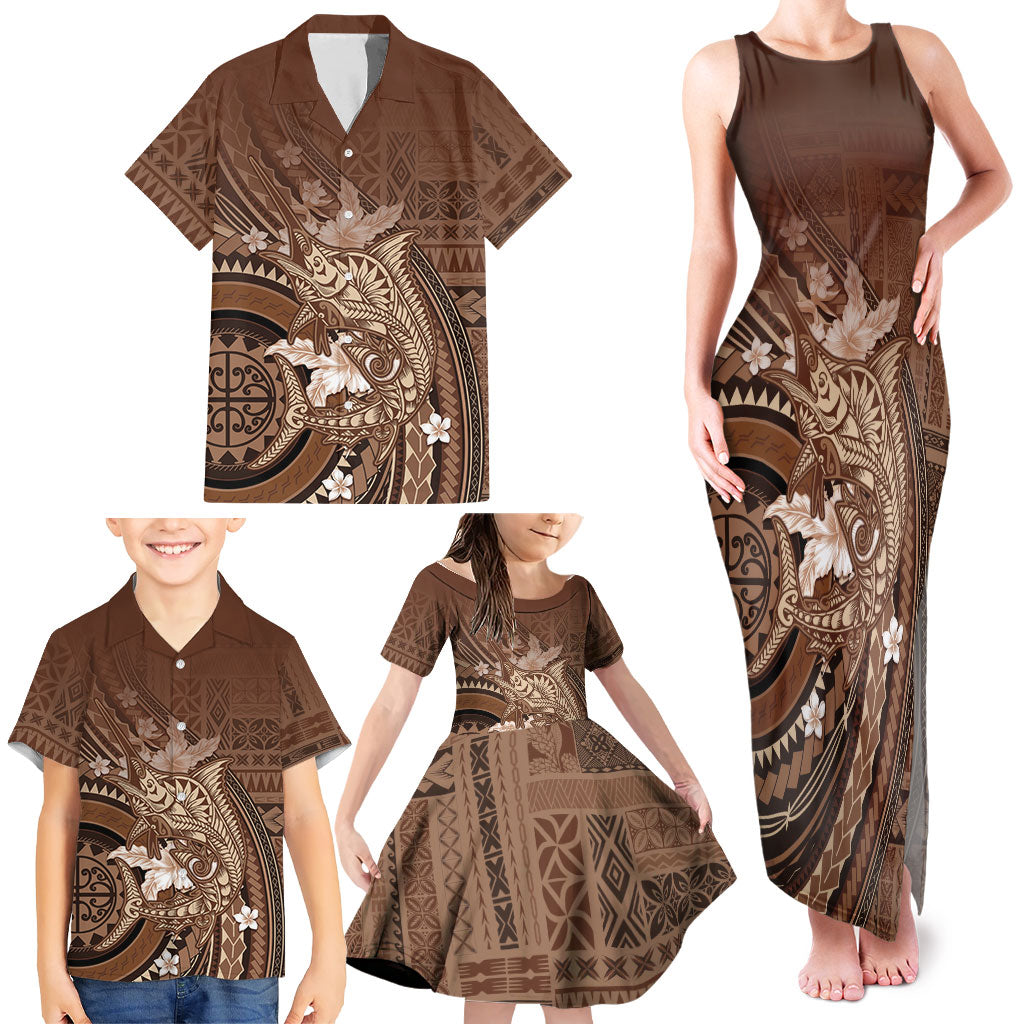 Samoa Tatau Marlin Family Matching Tank Maxi Dress and Hawaiian Shirt With Siapo Motifs Brown
