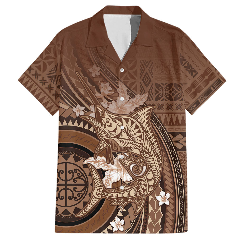 Samoa Tatau Marlin Family Matching Tank Maxi Dress and Hawaiian Shirt With Siapo Motifs Brown