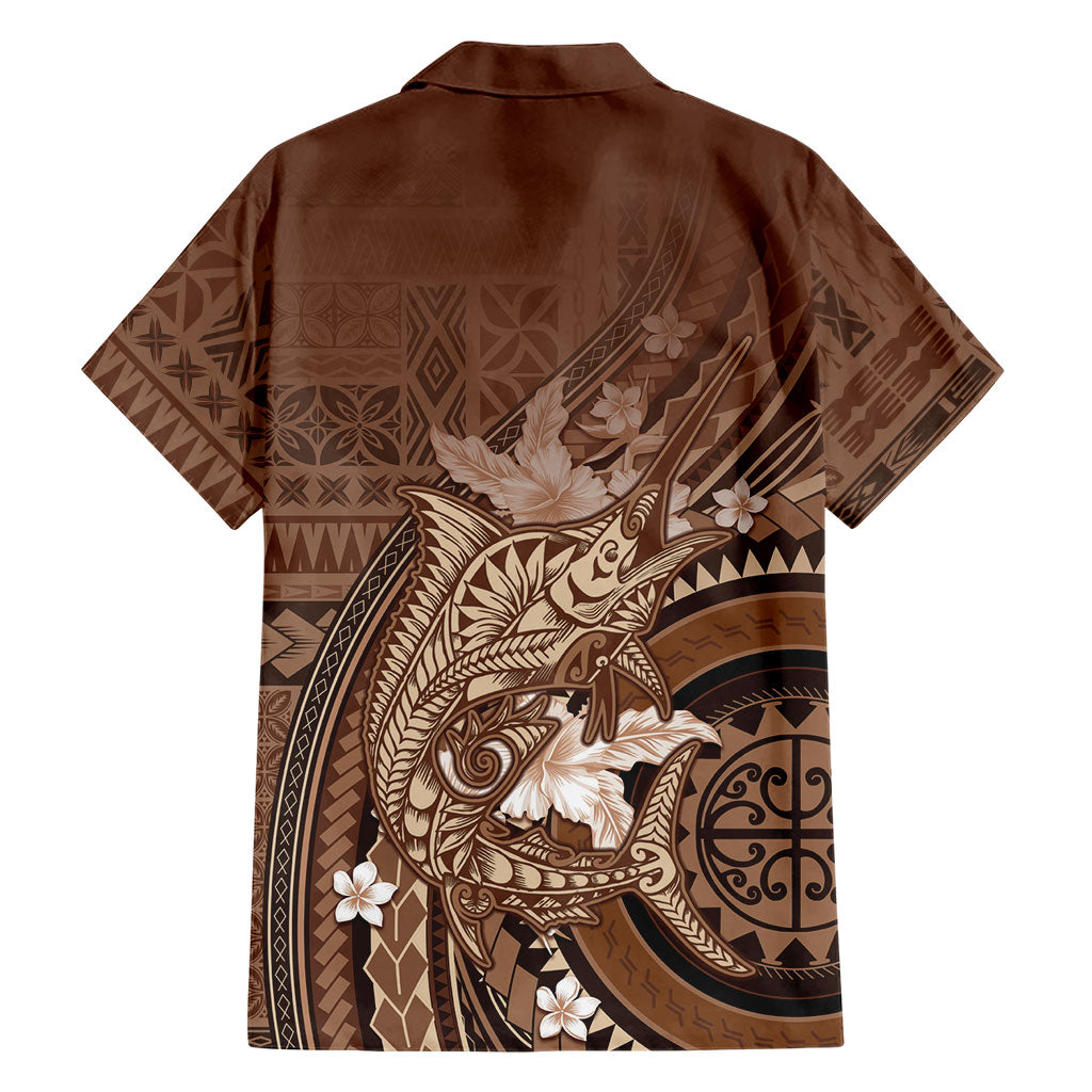 Samoa Tatau Marlin Family Matching Tank Maxi Dress and Hawaiian Shirt With Siapo Motifs Brown
