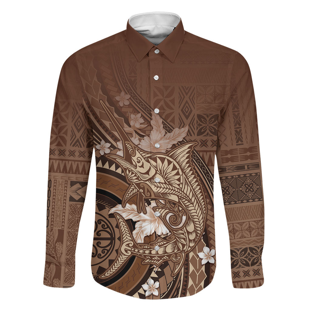 Samoa Tatau Marlin Family Matching Tank Maxi Dress and Hawaiian Shirt With Siapo Motifs Brown