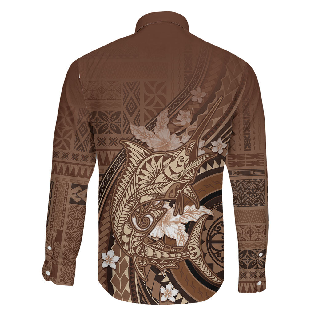 Samoa Tatau Marlin Family Matching Tank Maxi Dress and Hawaiian Shirt With Siapo Motifs Brown
