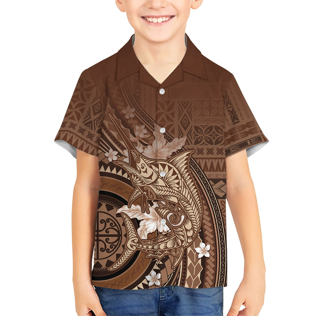 Samoa Tatau Marlin Family Matching Tank Maxi Dress and Hawaiian Shirt With Siapo Motifs Brown
