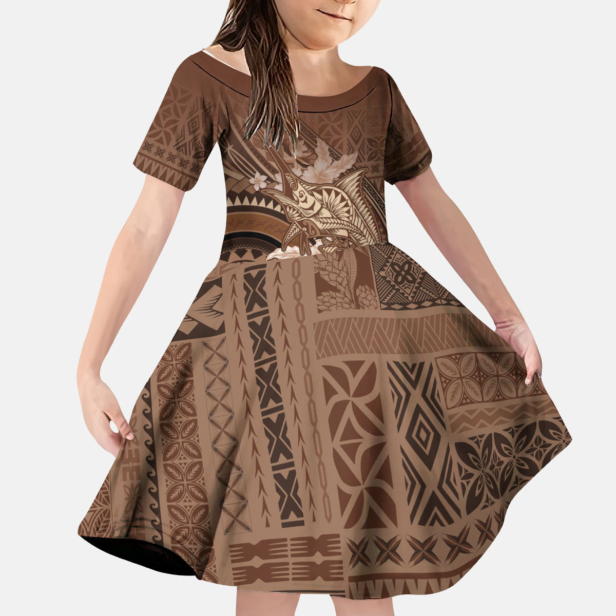 Samoa Tatau Marlin Kid Short Sleeve Dress With Siapo Motifs Brown