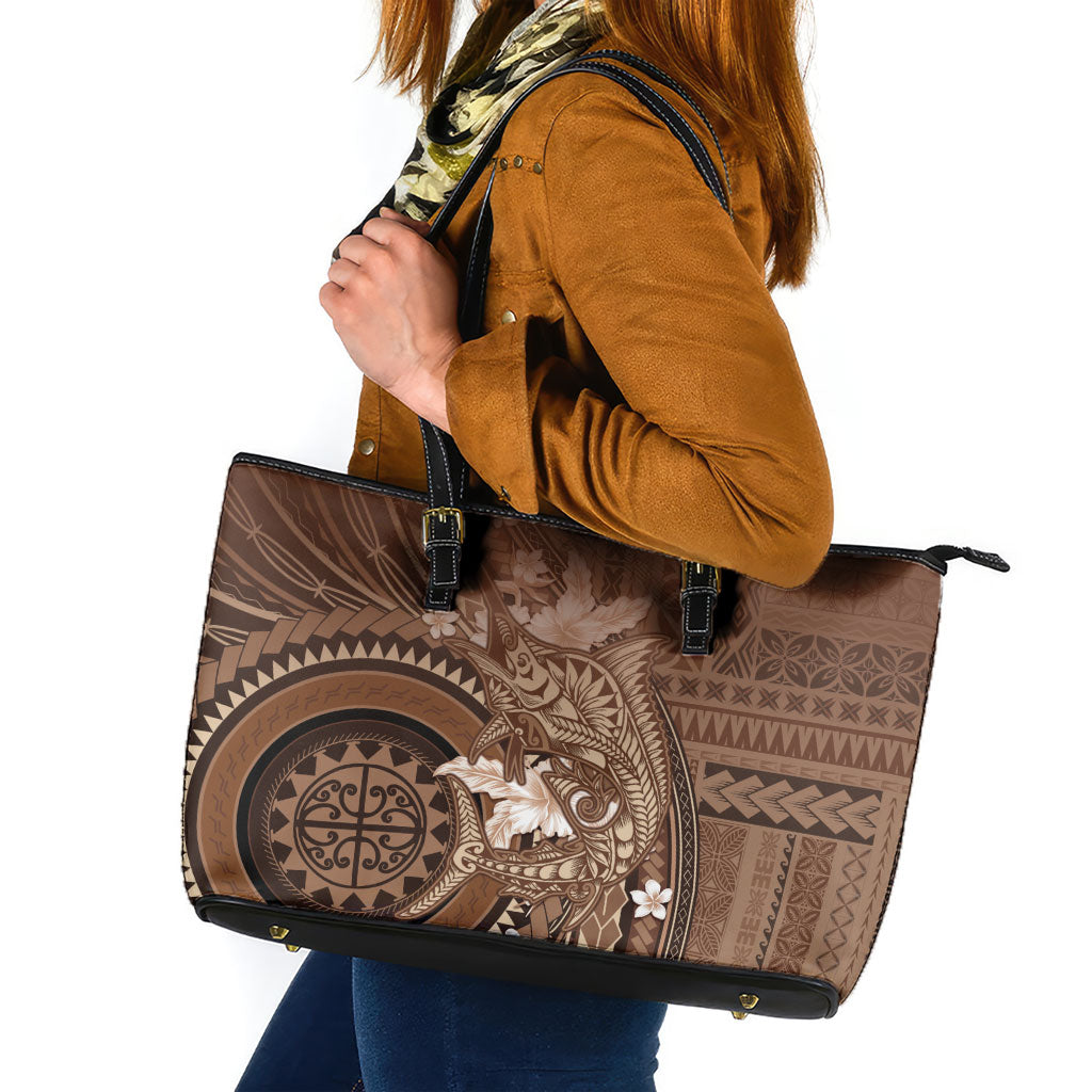Samoa Tatau Marlin Leather Tote Bag With Siapo Motifs Brown LT05 Brown - Polynesian Pride