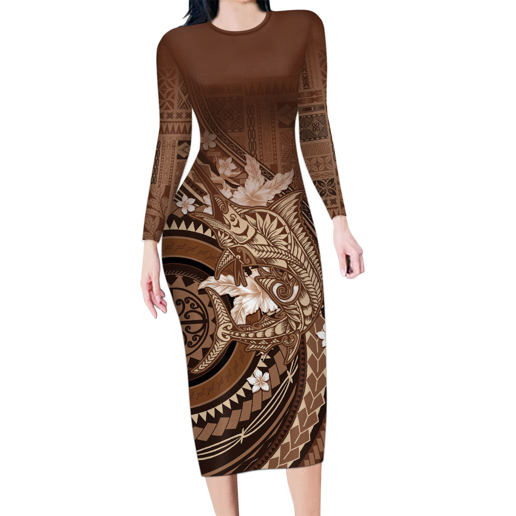 Samoa Tatau Marlin Long Sleeve Bodycon Dress With Siapo Motifs Brown