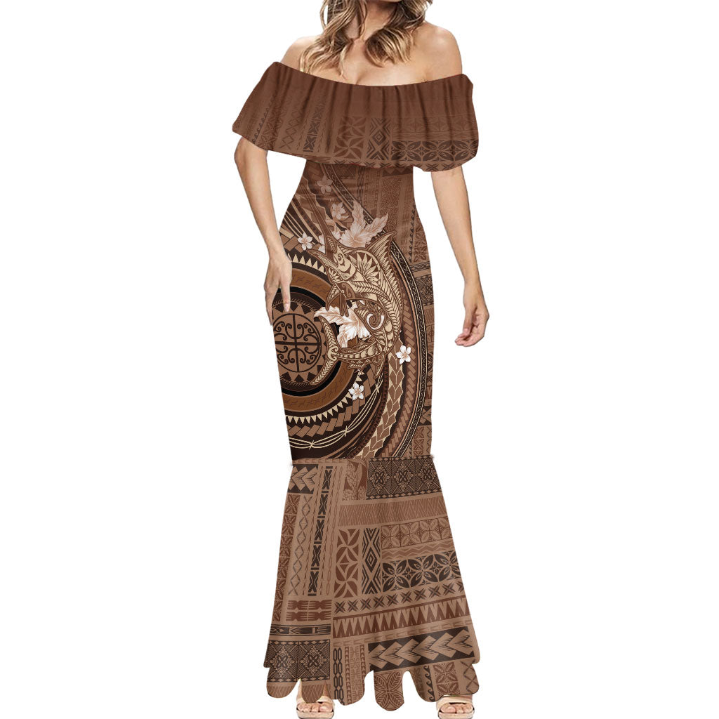 Samoa Tatau Marlin Mermaid Dress With Siapo Motifs Brown LT05 - Polynesian Pride