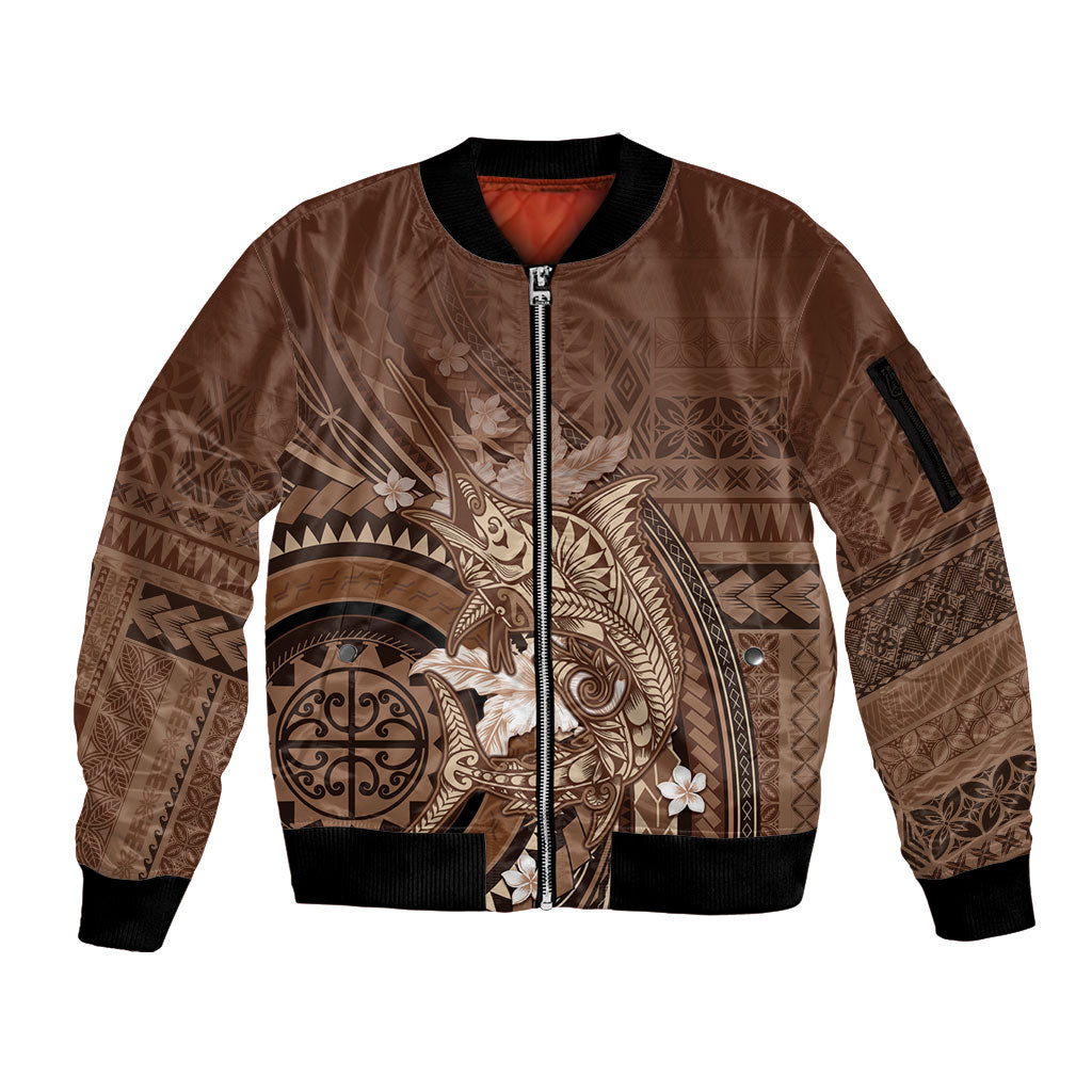 Samoa Tatau Marlin Sleeve Zip Bomber Jacket With Siapo Motifs Brown