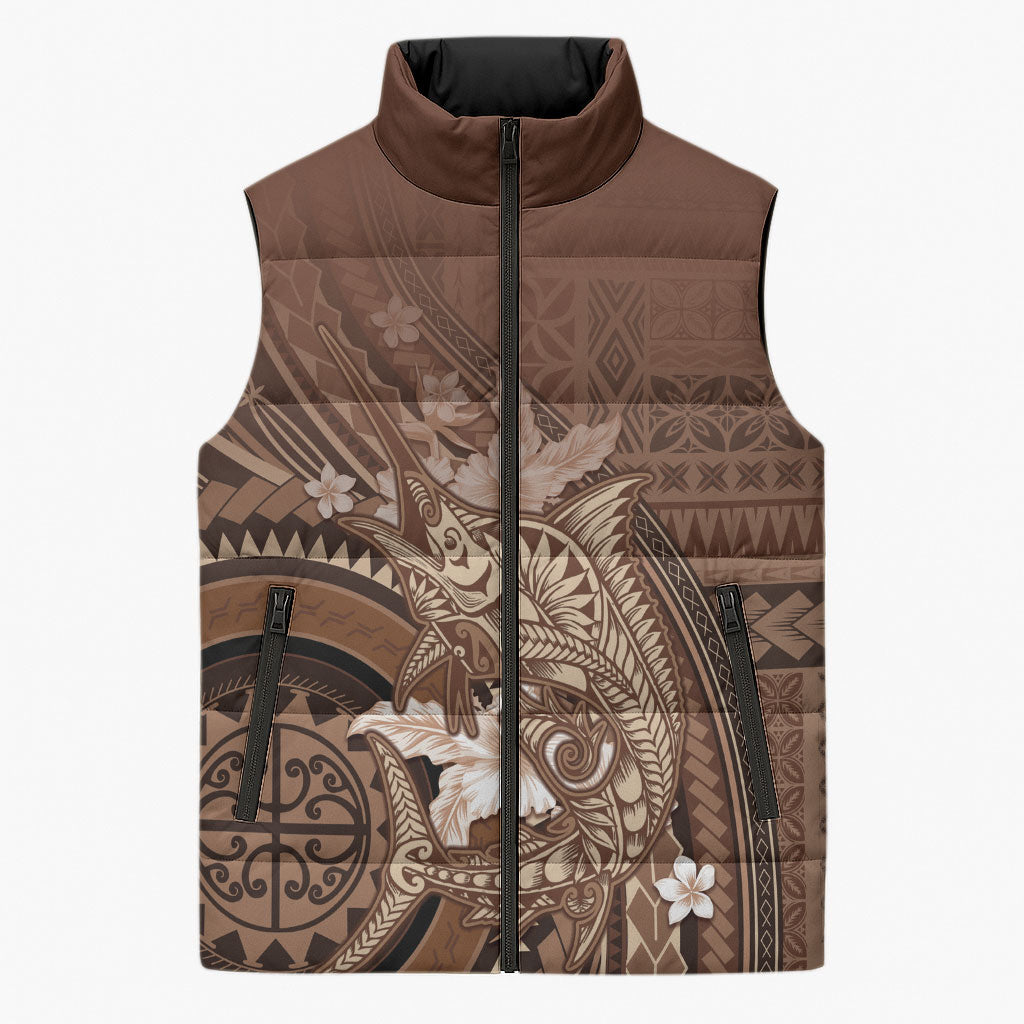 Samoa Tatau Marlin Sleeveless Puffer Jacket With Siapo Motifs Brown