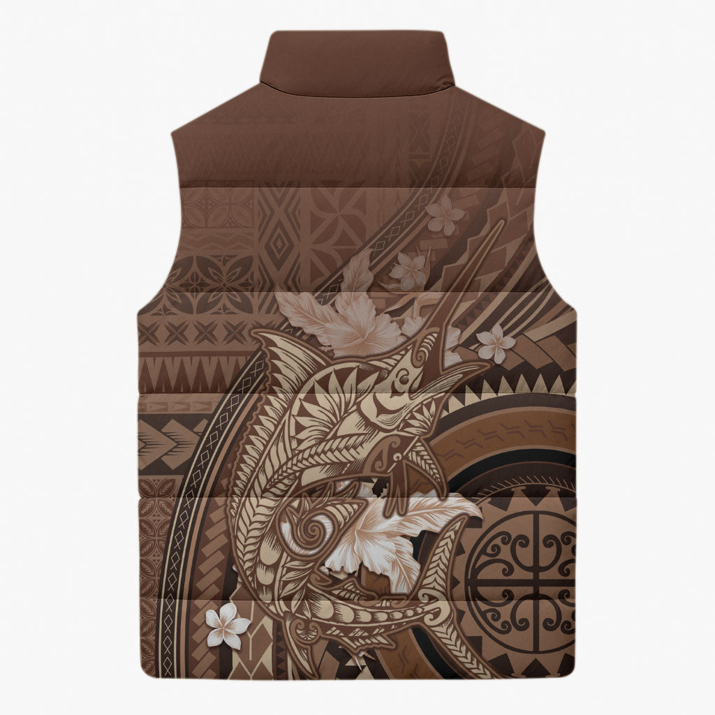Samoa Tatau Marlin Sleeveless Puffer Jacket With Siapo Motifs Brown