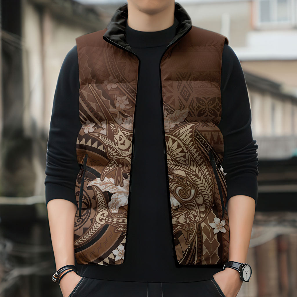 Samoa Tatau Marlin Sleeveless Puffer Jacket With Siapo Motifs Brown