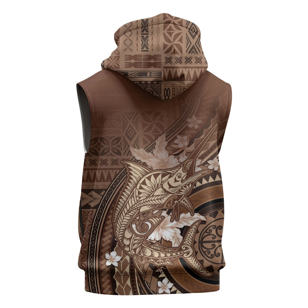 Samoa Tatau Marlin Sleeveless Zip Hoodie With Siapo Motifs Brown LT05 - Polynesian Pride