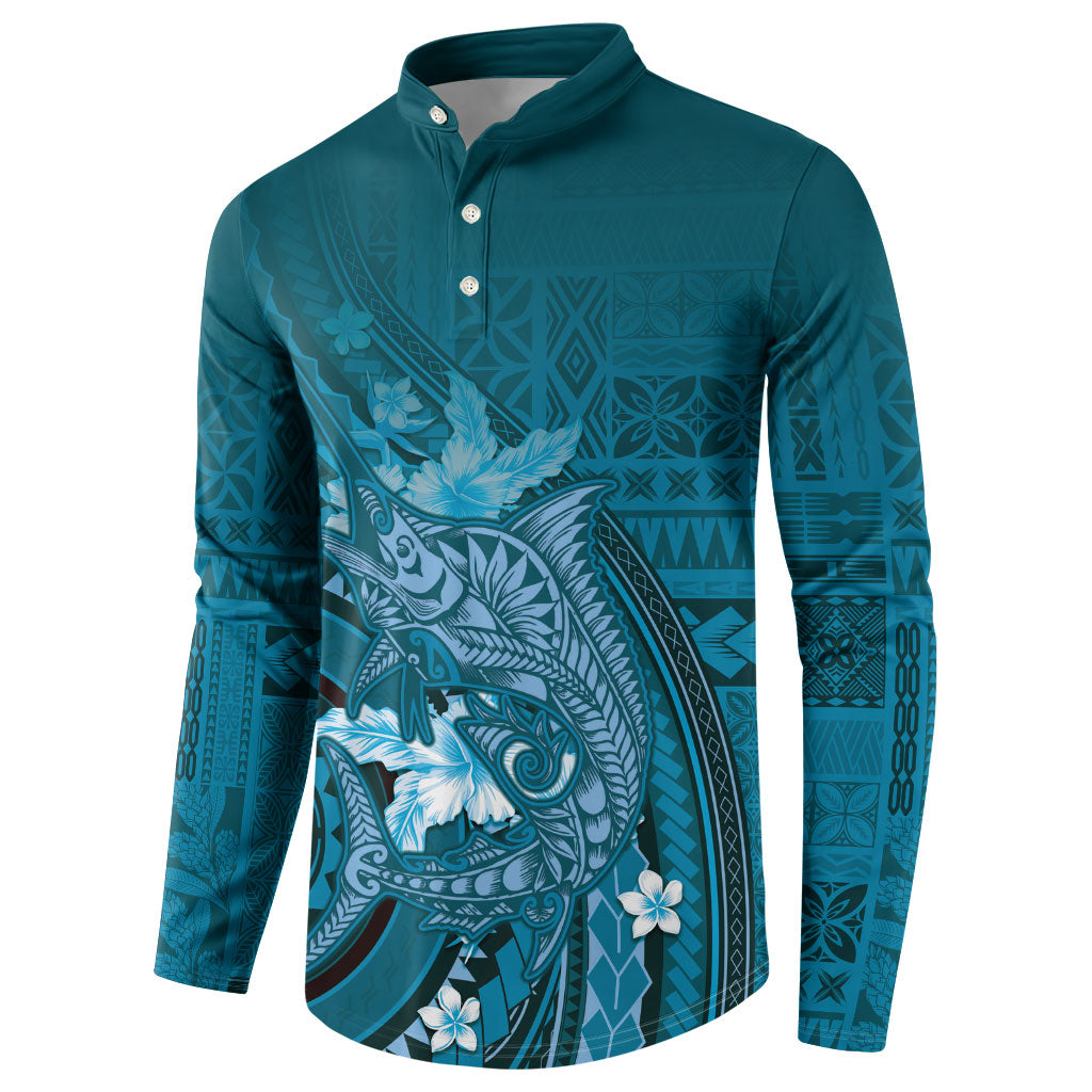 Samoa Tatau Marlin Button Sweatshirt With Siapo Motifs Teal LT05 - Polynesian Pride