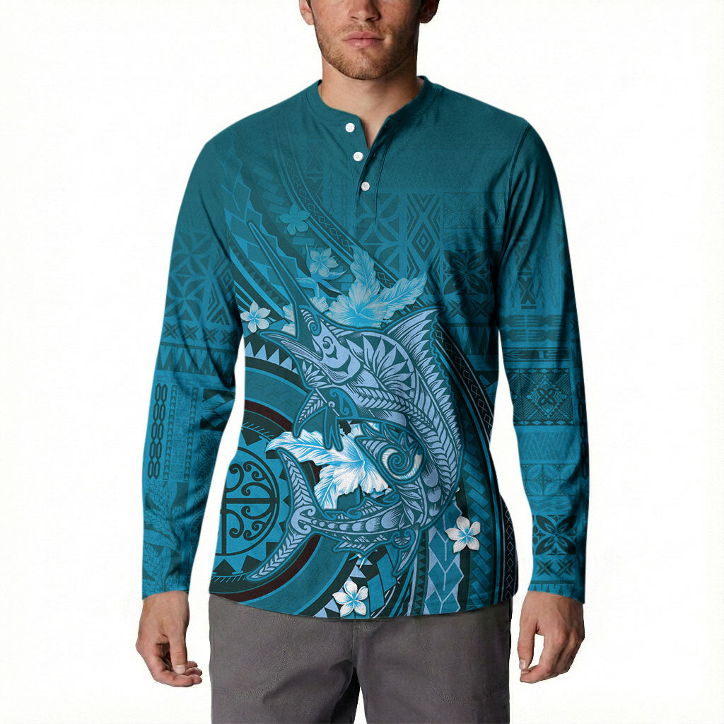 Samoa Tatau Marlin Button Sweatshirt With Siapo Motifs Teal LT05 - Polynesian Pride