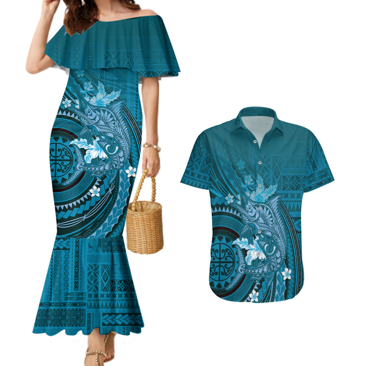 Samoa Tatau Marlin Couples Matching Mermaid Dress and Hawaiian Shirt With Siapo Motifs Teal