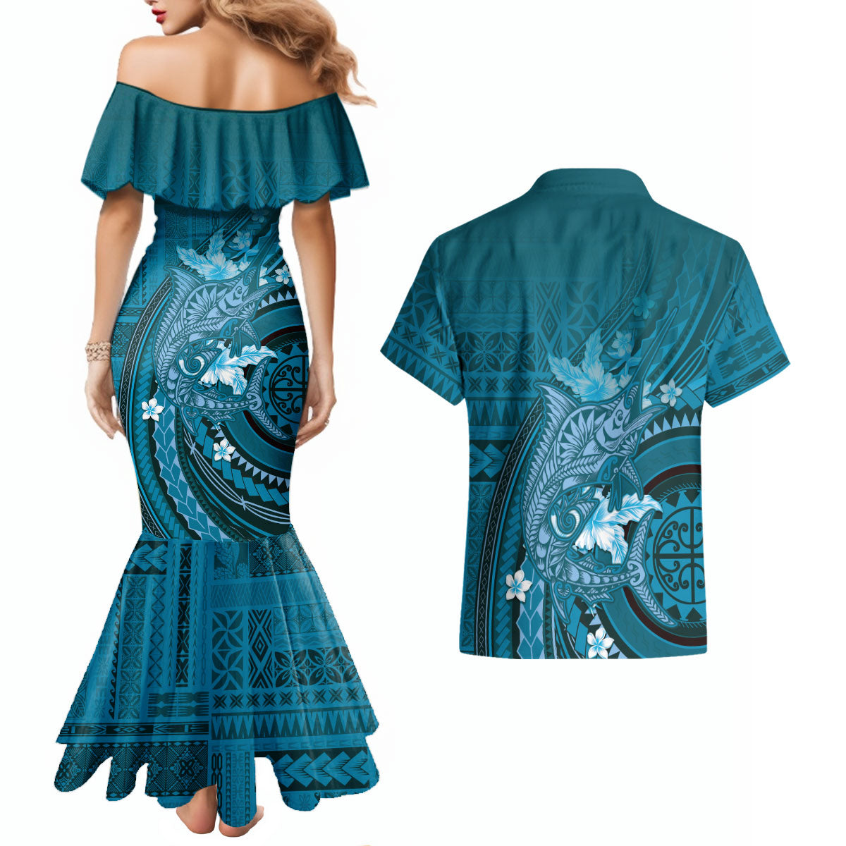 Samoa Tatau Marlin Couples Matching Mermaid Dress and Hawaiian Shirt With Siapo Motifs Teal