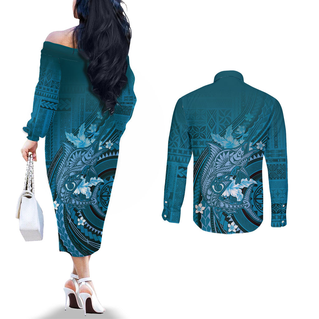 Samoa Tatau Marlin Couples Matching Off The Shoulder Long Sleeve Dress and Long Sleeve Button Shirt With Siapo Motifs Teal