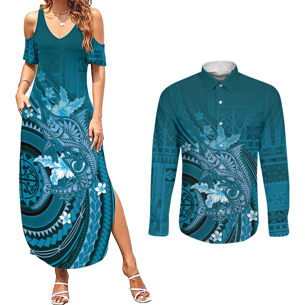 Samoa Tatau Marlin Couples Matching Summer Maxi Dress and Long Sleeve Button Shirt With Siapo Motifs Teal