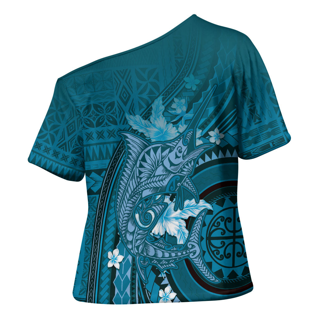 Samoa Tatau Marlin Cross Shoulder Shirt With Siapo Motifs Teal