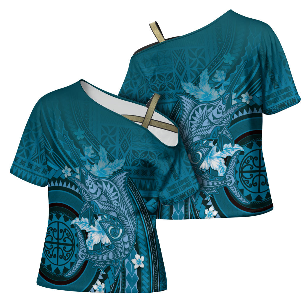 Samoa Tatau Marlin Cross Shoulder Shirt With Siapo Motifs Teal