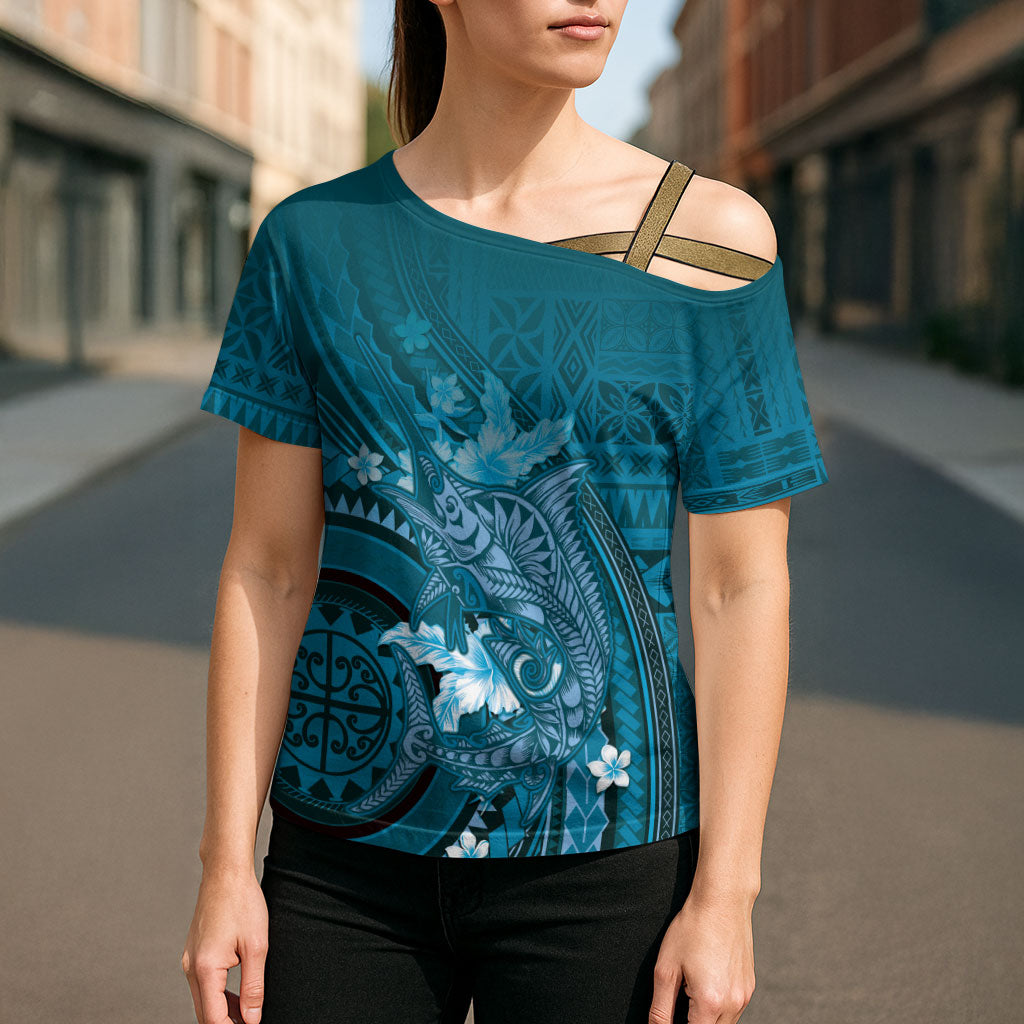Samoa Tatau Marlin Cross Shoulder Shirt With Siapo Motifs Teal