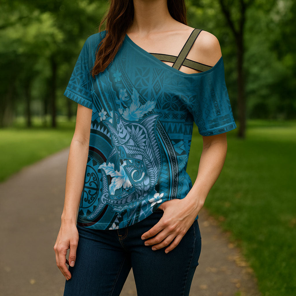 Samoa Tatau Marlin Cross Shoulder Shirt With Siapo Motifs Teal